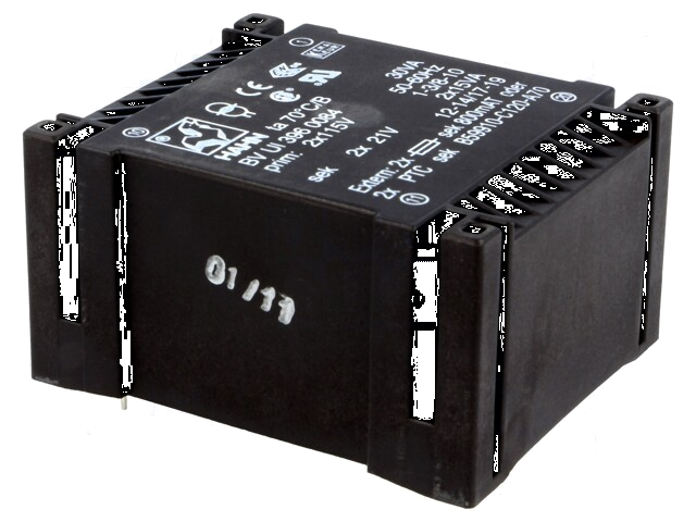 Transformator: ingegoten; 30VA; 115VACx2; 21V; 21V; 715mA; 715mA Transformator: ingegoten; 30VA; 115VACx2; 21V; 21V; 715mA; 715mA
